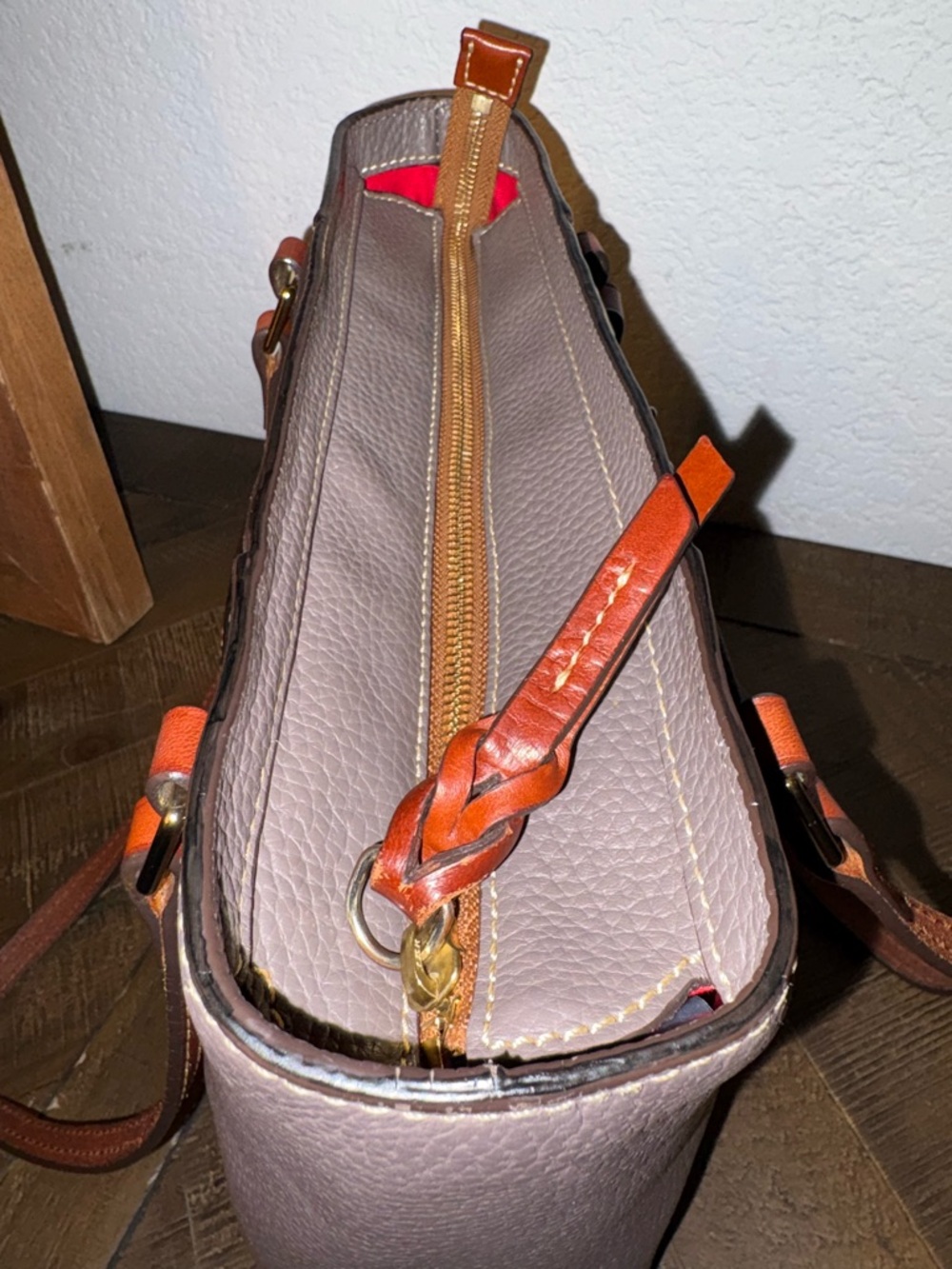 Dooney & Bourke Pebble Leather Tote Taupe Gray British Tan Trim Shoulder Bag - Picture 13 of 13